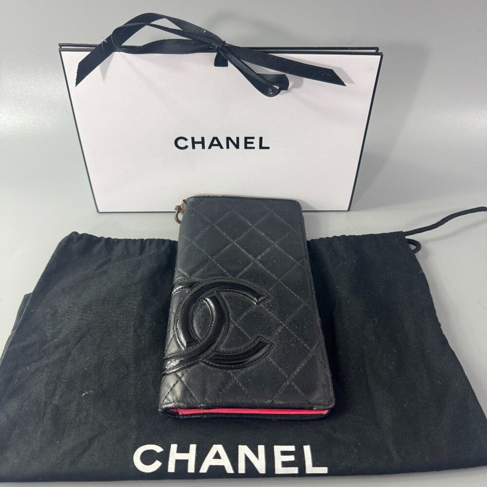 100% Authentic CHANEL CC SHW Cambon Calfskin Black Leather Wallet